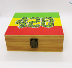 Reggae Flag 420 Snuff Wooden Box – Large Wooden Tobacco Rolling Box with Glass Ashtray & Smoking Pipe