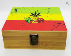 Reggae Leaf 420 Snuff Wooden Box – Large Wooden Tobacco Rolling Box with Glass Ashtray & Smoking Pipe